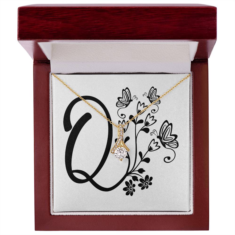 Botanical Monogram Q - 18K Yellow Gold Finish Alluring Beauty Necklace With Mahogany Style Luxury Box