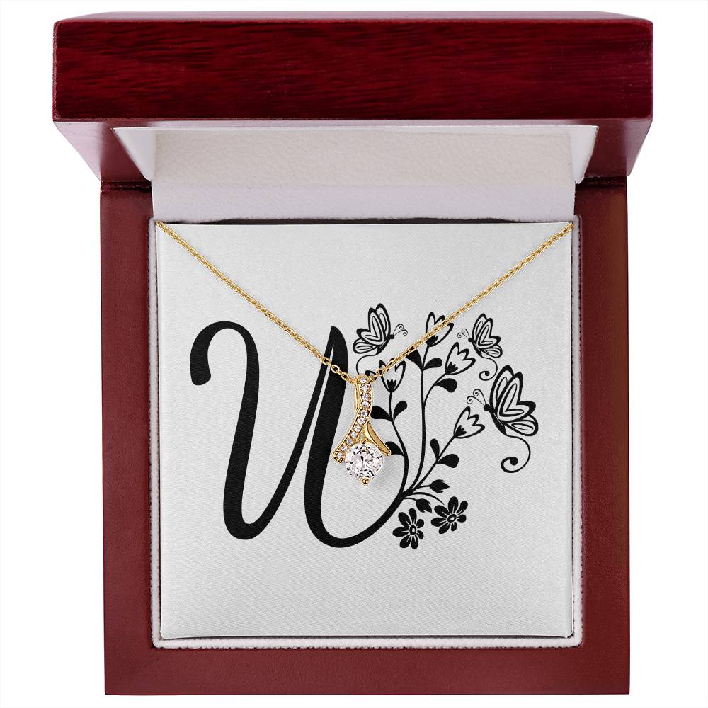 Botanical Monogram U - 18K Yellow Gold Finish Alluring Beauty Necklace With Mahogany Style Luxury Box