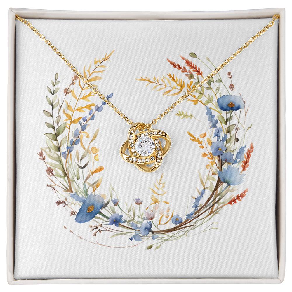 Boho Flowers Wreath Watercolor 03 - 18K Yellow Gold Finish Love Knot Necklace