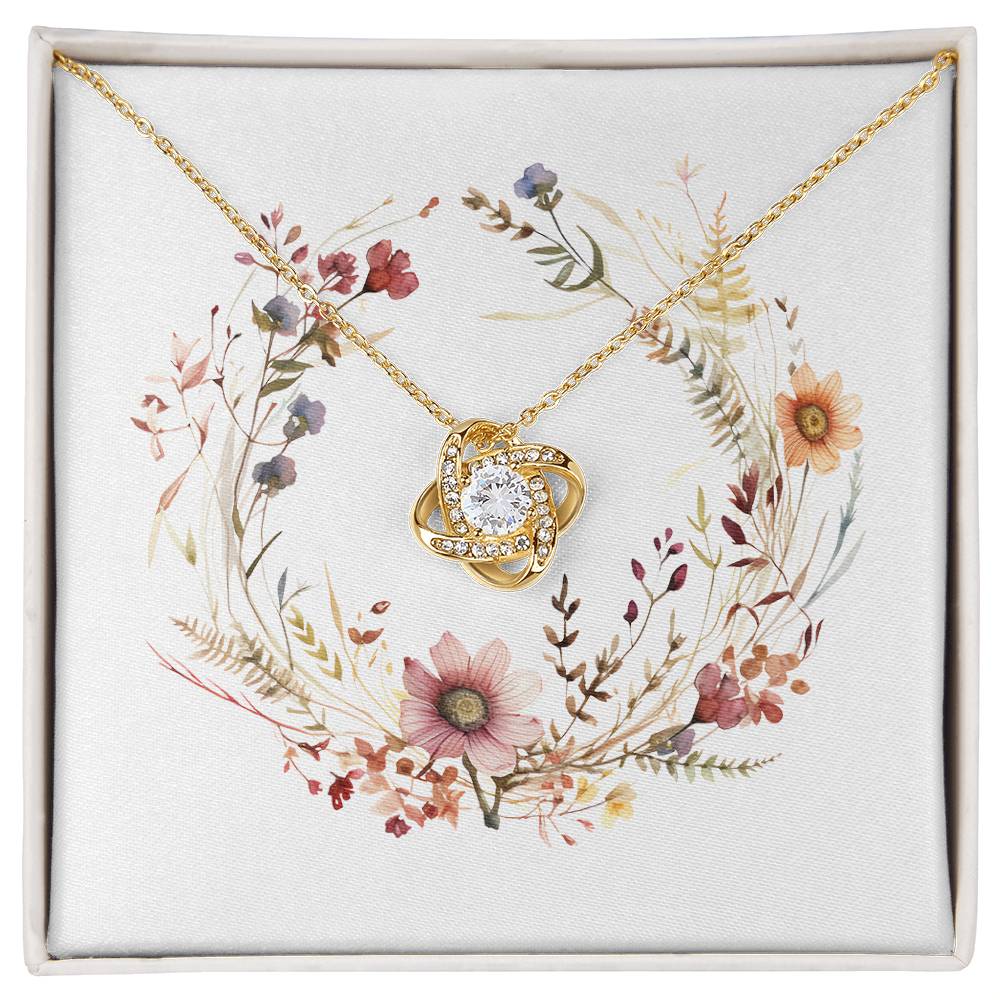 Boho Flowers Wreath Watercolor 08 - 18K Yellow Gold Finish Love Knot Necklace