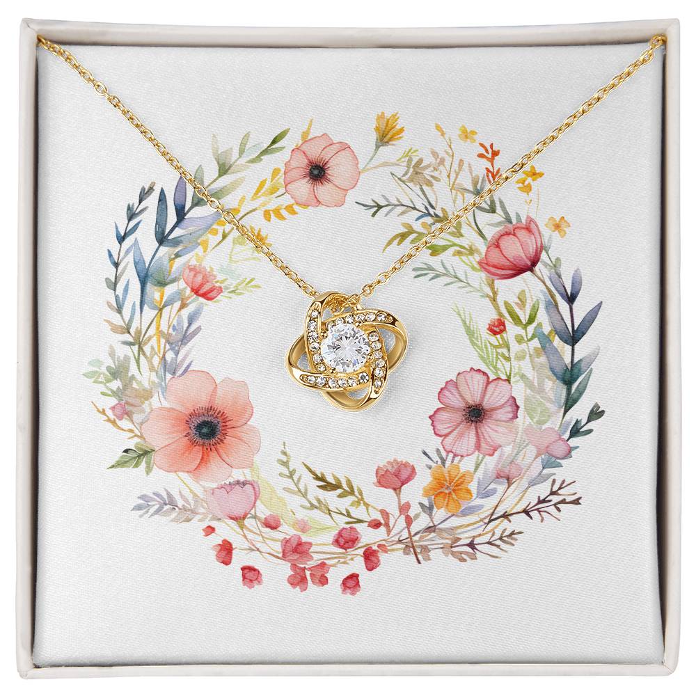 Boho Flowers Wreath Watercolor 01 - 18K Yellow Gold Finish Love Knot Necklace
