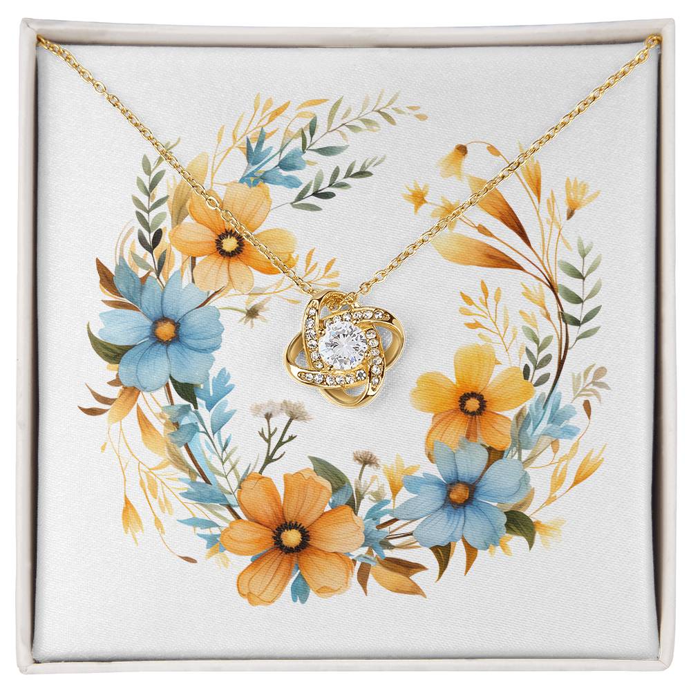 Boho Flowers Wreath Watercolor 13 - 18K Yellow Gold Finish Love Knot Necklace