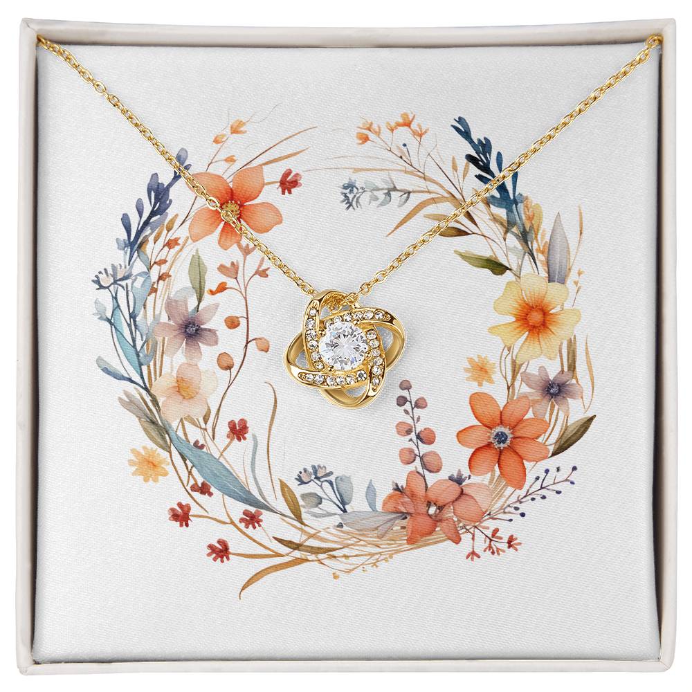 Boho Flowers Wreath Watercolor 06 - 18K Yellow Gold Finish Love Knot Necklace