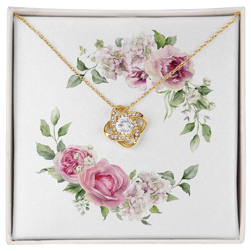 Watercolor Pink Floral Frame 2 - 18K Yellow Gold Finish Love Knot Necklace