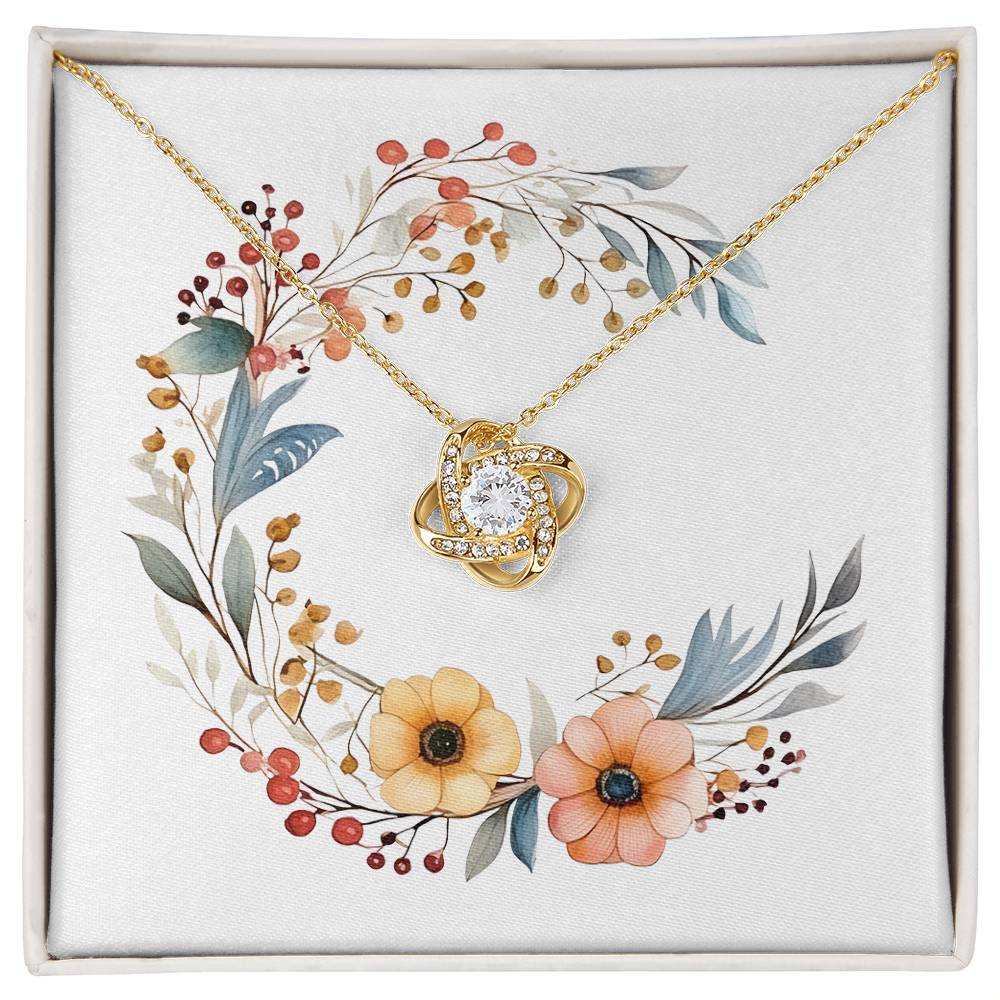 Boho Flowers Wreath Watercolor 04 - 18K Yellow Gold Finish Love Knot Necklace