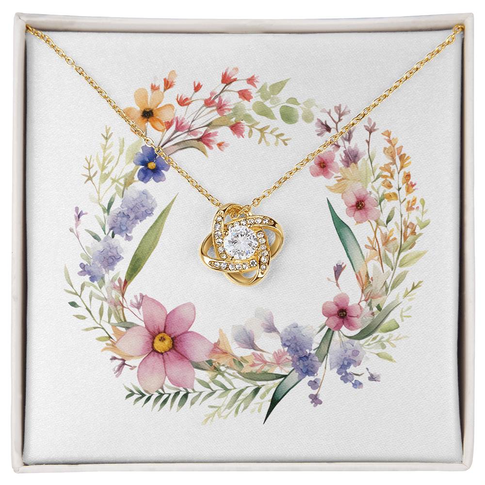 Boho Flowers Wreath Watercolor 07 - 18K Yellow Gold Finish Love Knot Necklace