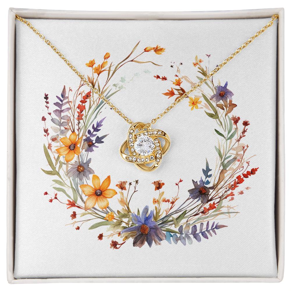 Boho Flowers Wreath Watercolor 14 - 18K Yellow Gold Finish Love Knot Necklace