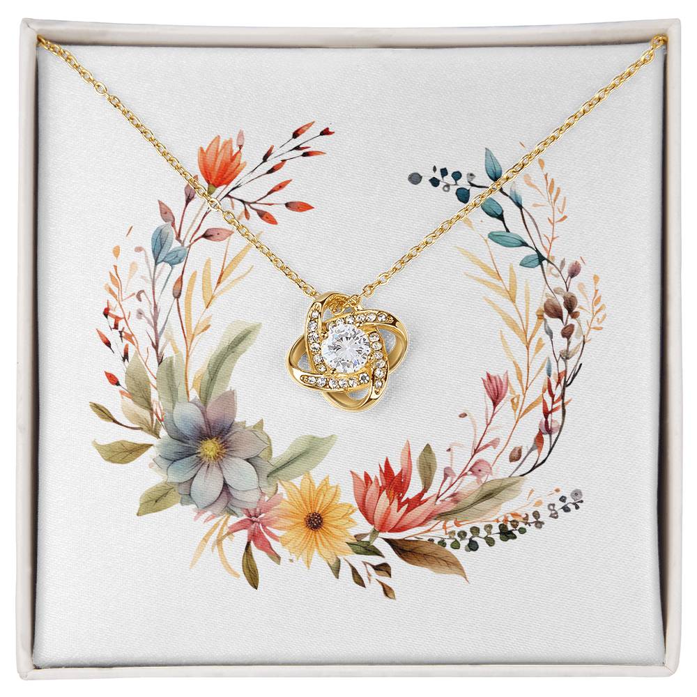 Boho Flowers Wreath Watercolor 17 - 18K Yellow Gold Finish Love Knot Necklace