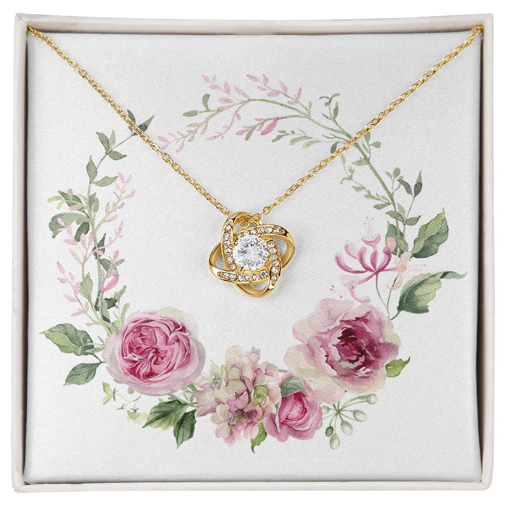 Watercolor Pink Floral Frame 1 - 18K Yellow Gold Finish Love Knot Necklace