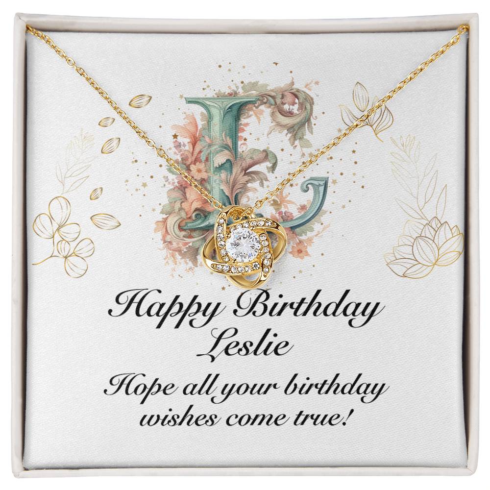Happy Birthday Leslie v01 - 18K Yellow Gold Finish Love Knot Necklace