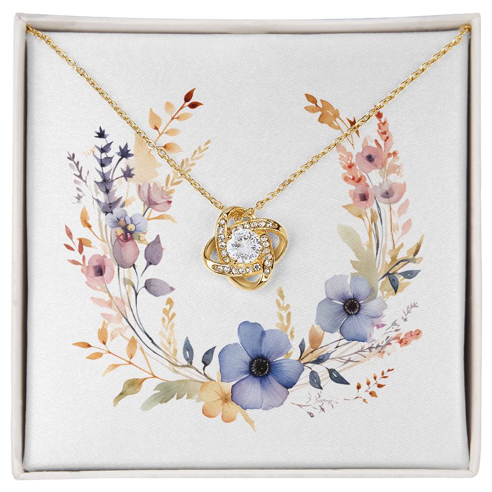 Boho Flowers Wreath Watercolor 02 - 18K Yellow Gold Finish Love Knot Necklace