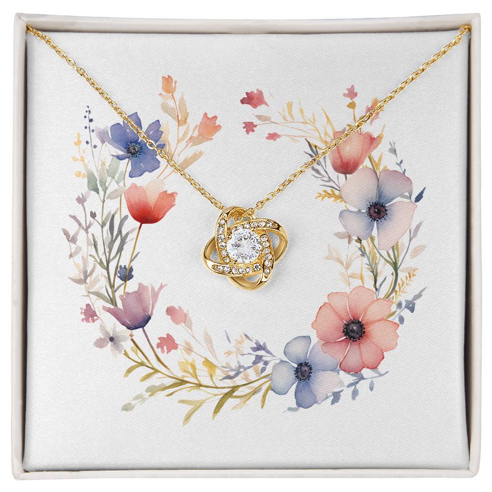 Boho Flowers Wreath Watercolor 18 - 18K Yellow Gold Finish Love Knot Necklace
