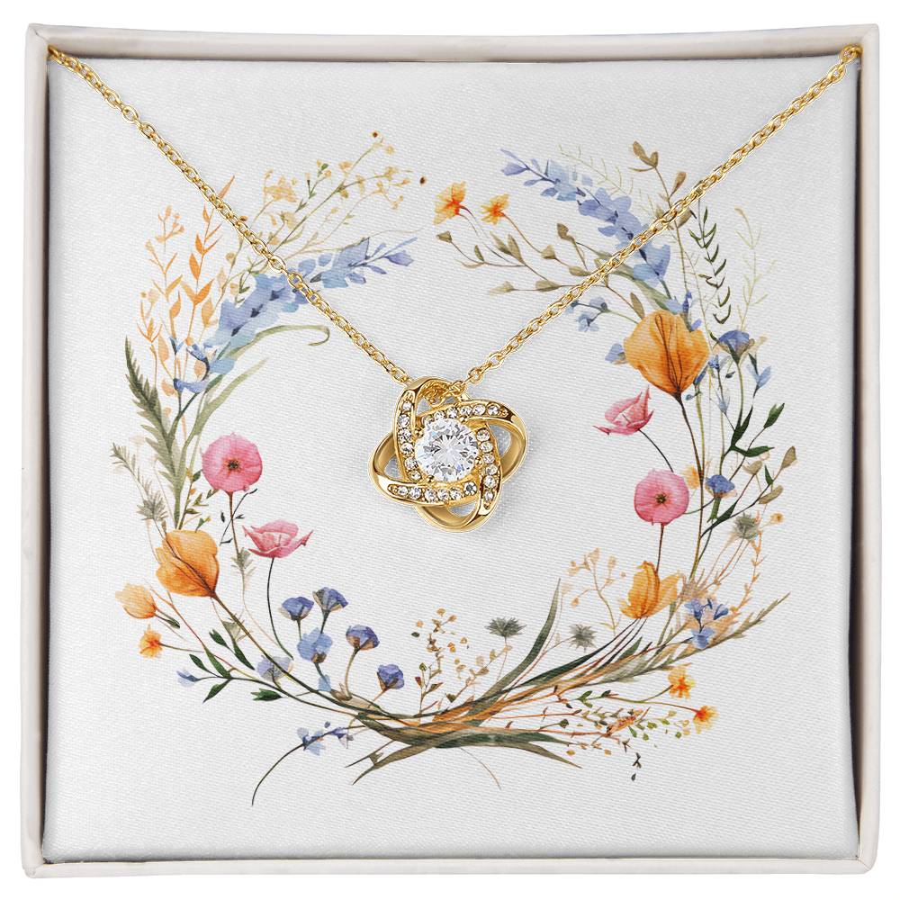 Boho Flowers Wreath Watercolor 15 - 18K Yellow Gold Finish Love Knot Necklace