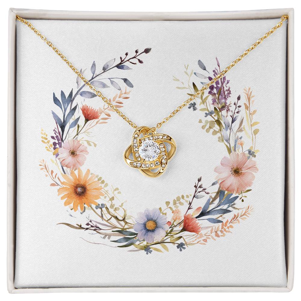 Boho Flowers Wreath Watercolor 19 - 18K Yellow Gold Finish Love Knot Necklace