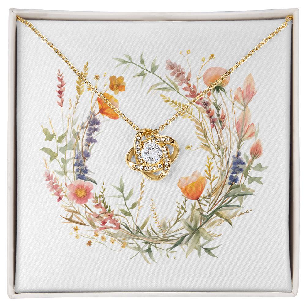 Boho Flowers Wreath Watercolor 09 - 18K Yellow Gold Finish Love Knot Necklace