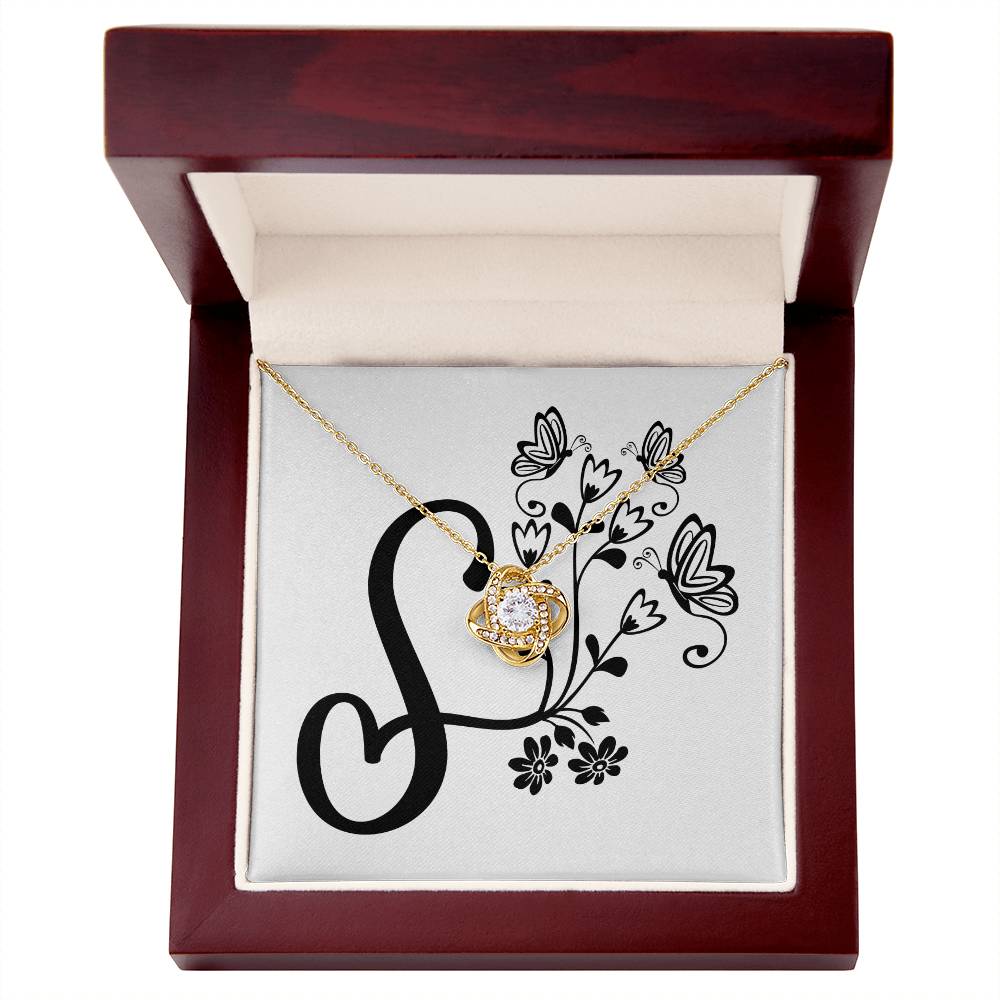 Botanical Monogram S - 18K Yellow Gold Finish Love Knot Necklace With Mahogany Style Luxury Box
