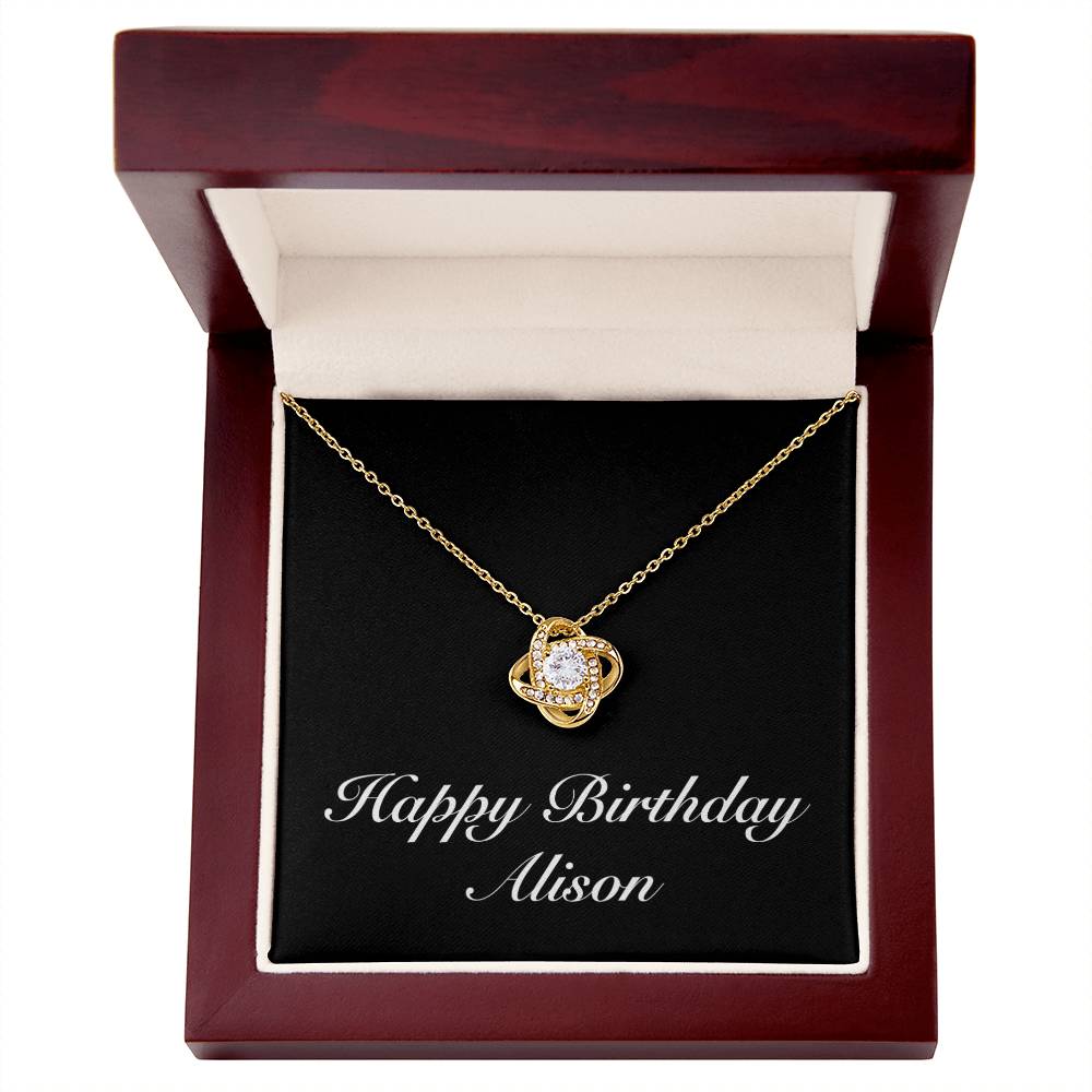 Happy Birthday Alison v2 - 18K Yellow Gold Finish Love Knot Necklace With Mahogany Style Luxury Box