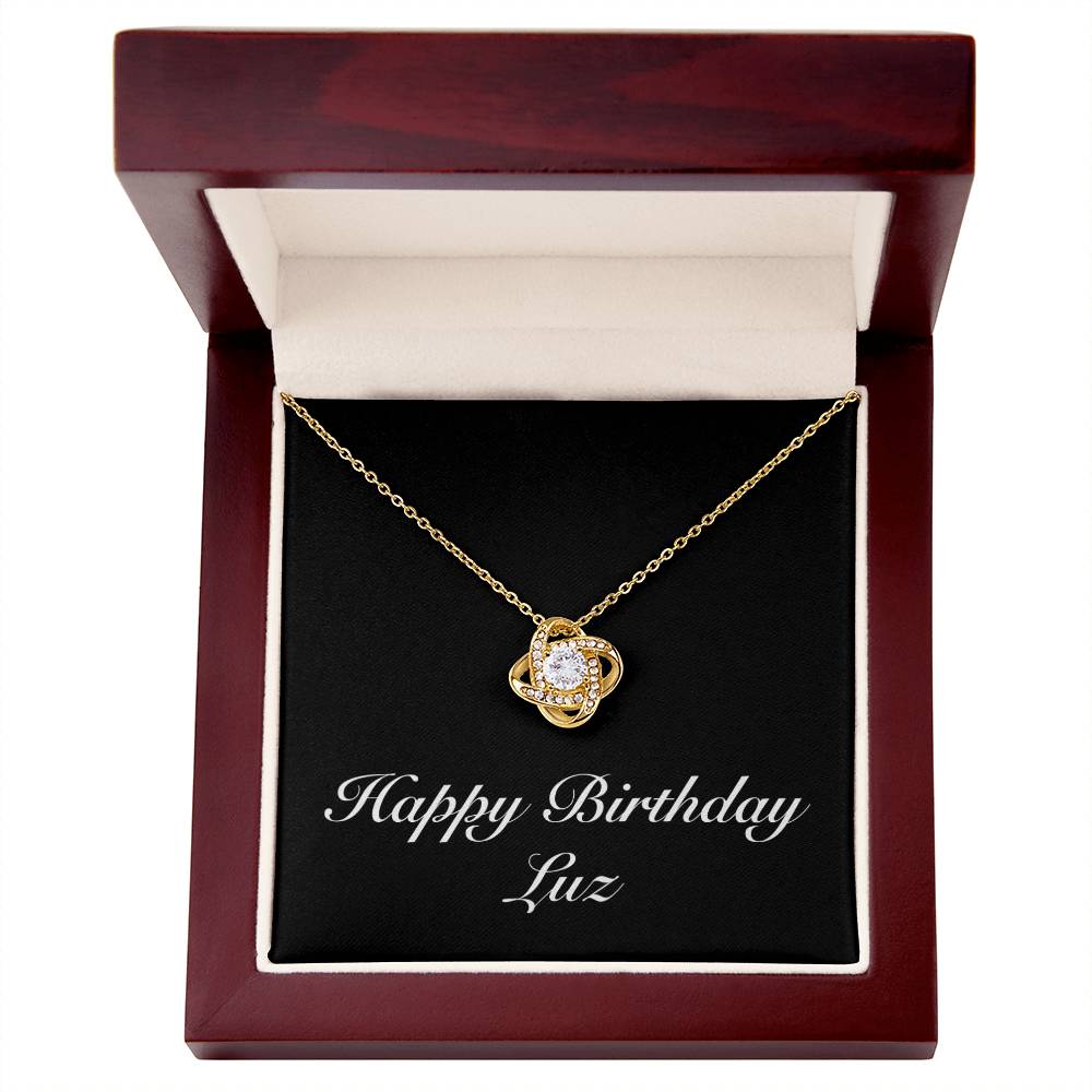 Happy Birthday Luz v2 - 18K Yellow Gold Finish Love Knot Necklace With Mahogany Style Luxury Box