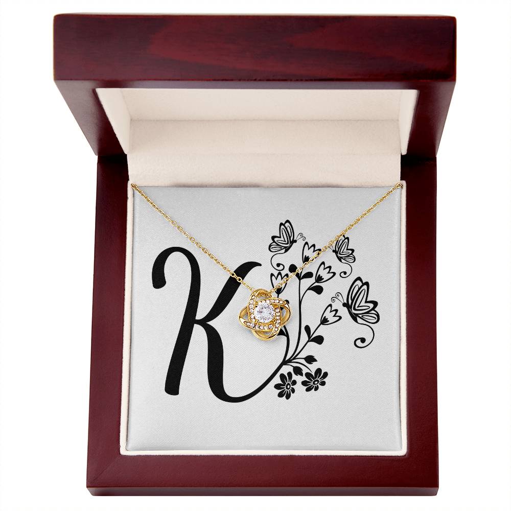 Botanical Monogram K - 18K Yellow Gold Finish Love Knot Necklace With Mahogany Style Luxury Box