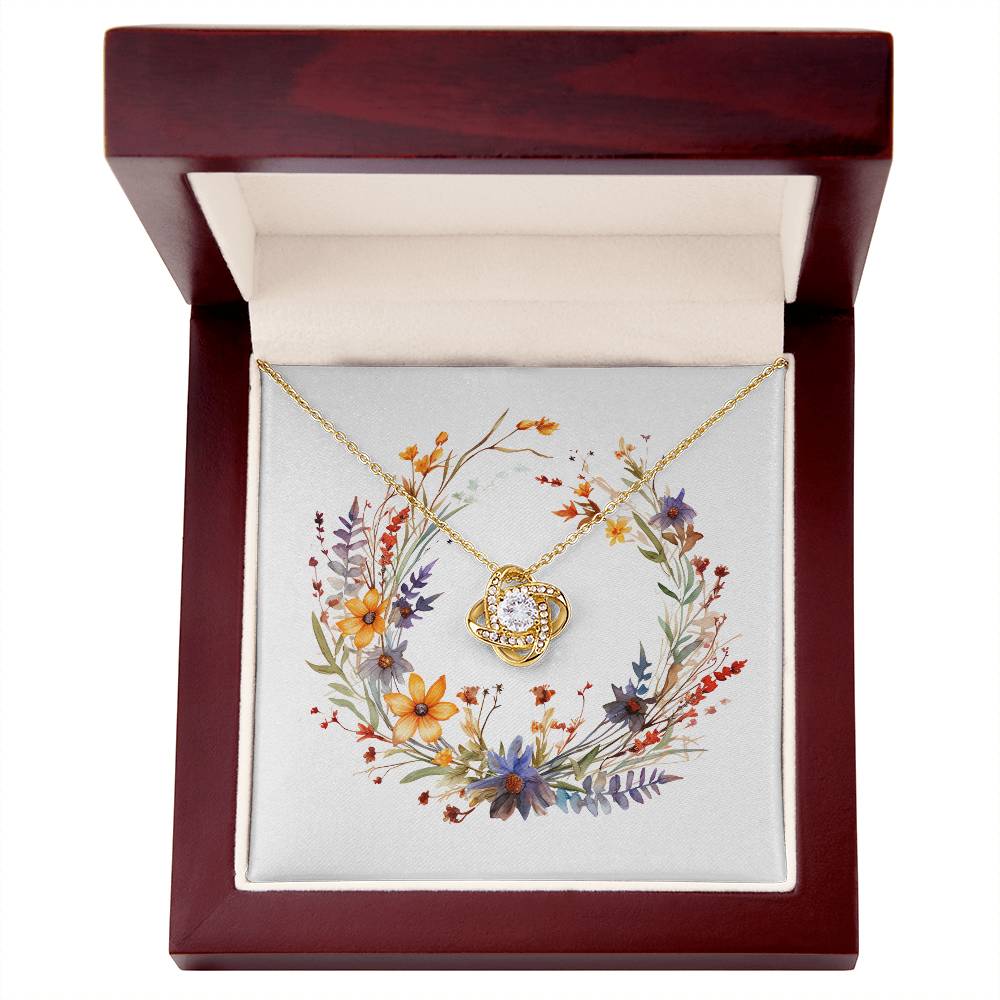 Boho Flowers Wreath Watercolor 14 - 18K Yellow Gold Finish Love Knot Necklace With Mahogany Style Luxury Box
