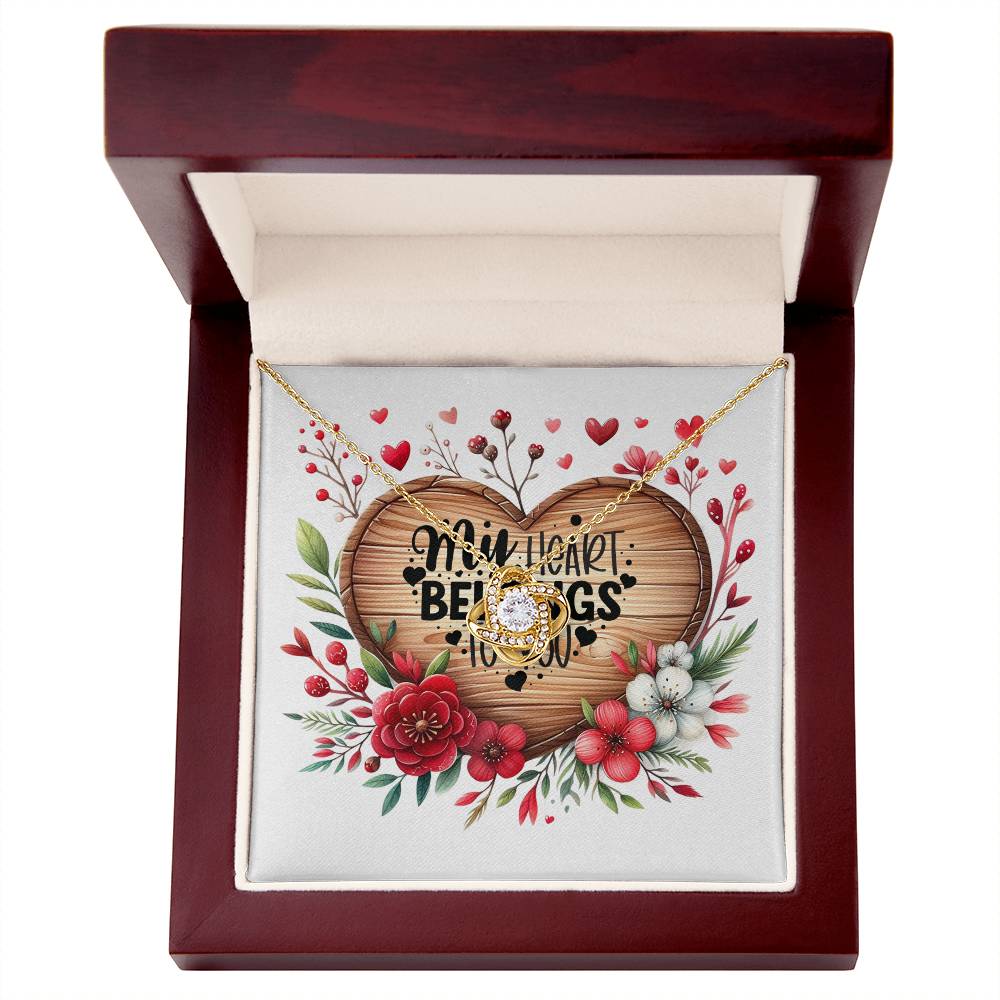 My Heart Belongs To You - 18K Yellow Gold Finish Love Knot Necklace With Mahogany Style Luxury Box