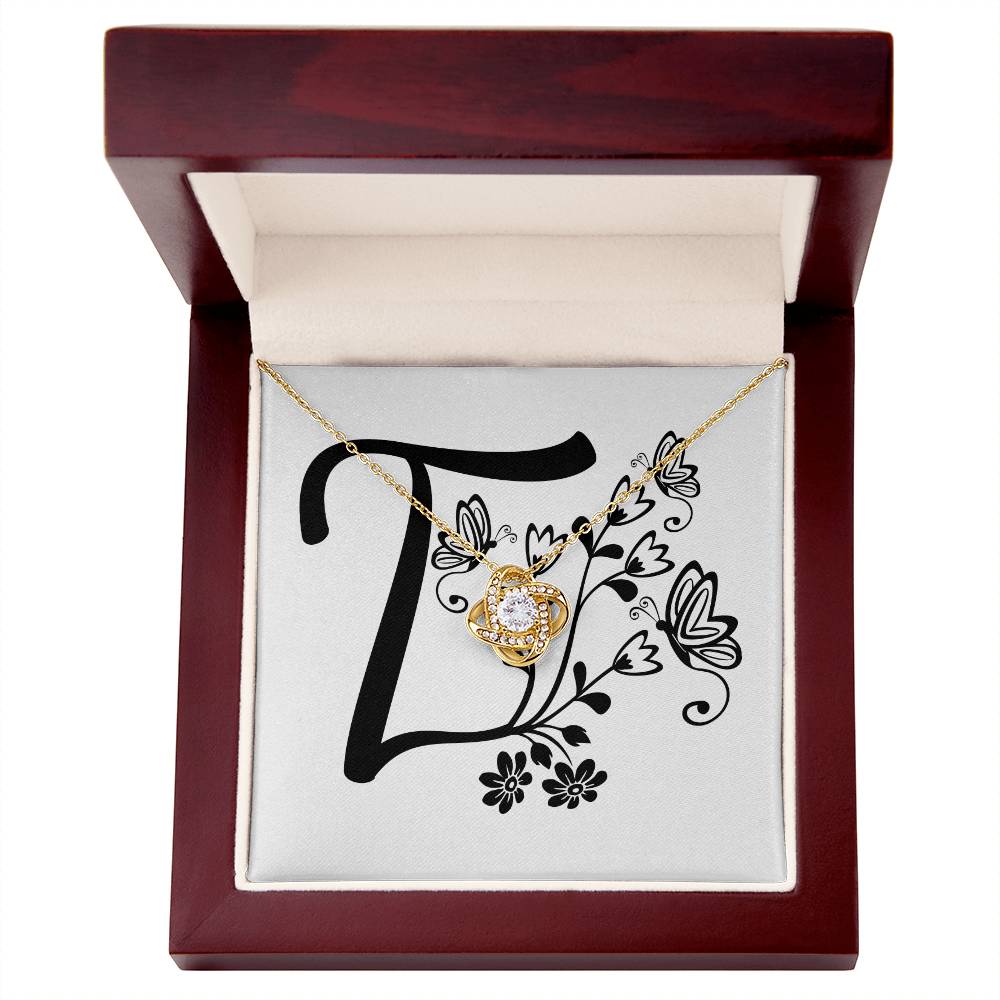 Botanical Monogram T - 18K Yellow Gold Finish Love Knot Necklace With Mahogany Style Luxury Box