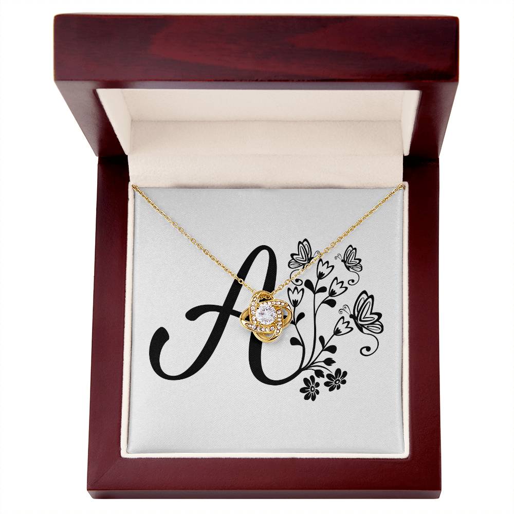 Botanical Monogram A - 18K Yellow Gold Finish Love Knot Necklace With Mahogany Style Luxury Box