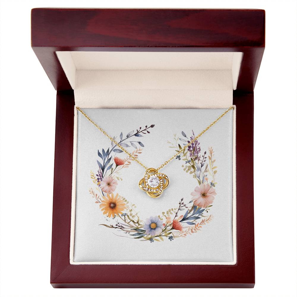 Boho Flowers Wreath Watercolor 19 - 18K Yellow Gold Finish Love Knot Necklace With Mahogany Style Luxury Box