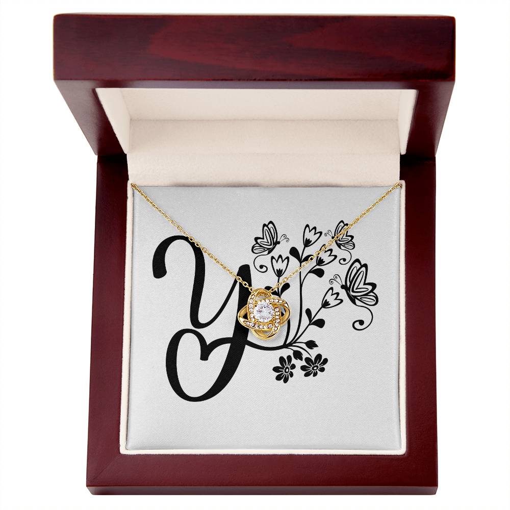 Botanical Monogram Y - 18K Yellow Gold Finish Love Knot Necklace With Mahogany Style Luxury Box