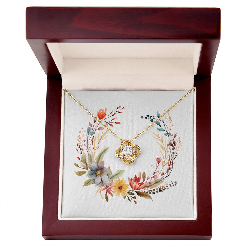 Boho Flowers Wreath Watercolor 17 - 18K Yellow Gold Finish Love Knot Necklace With Mahogany Style Luxury Box