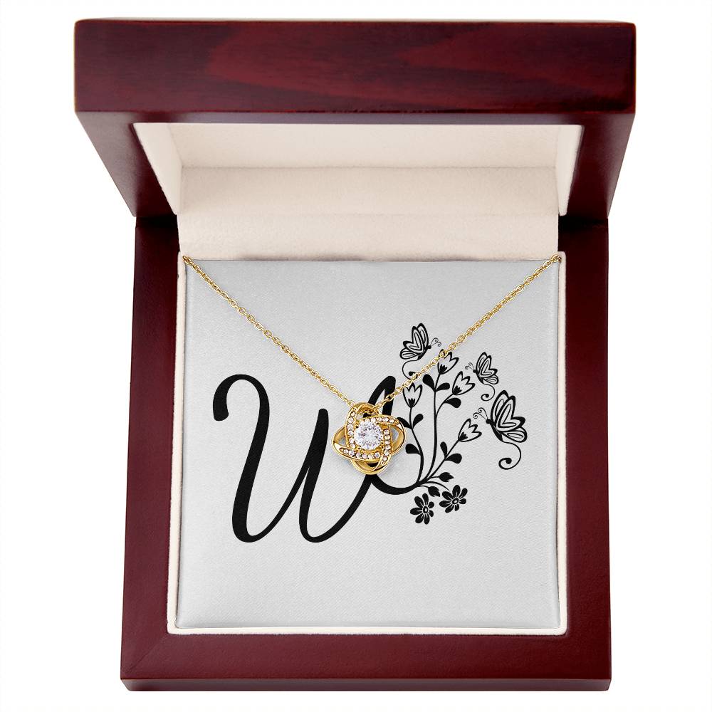 Botanical Monogram W - 18K Yellow Gold Finish Love Knot Necklace With Mahogany Style Luxury Box