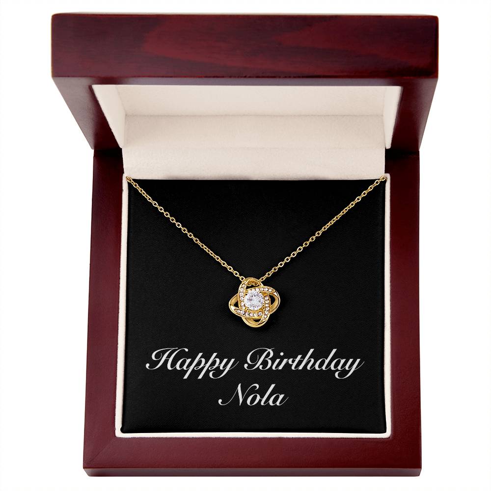 Happy Birthday Nola v2 - 18K Yellow Gold Finish Love Knot Necklace With Mahogany Style Luxury Box