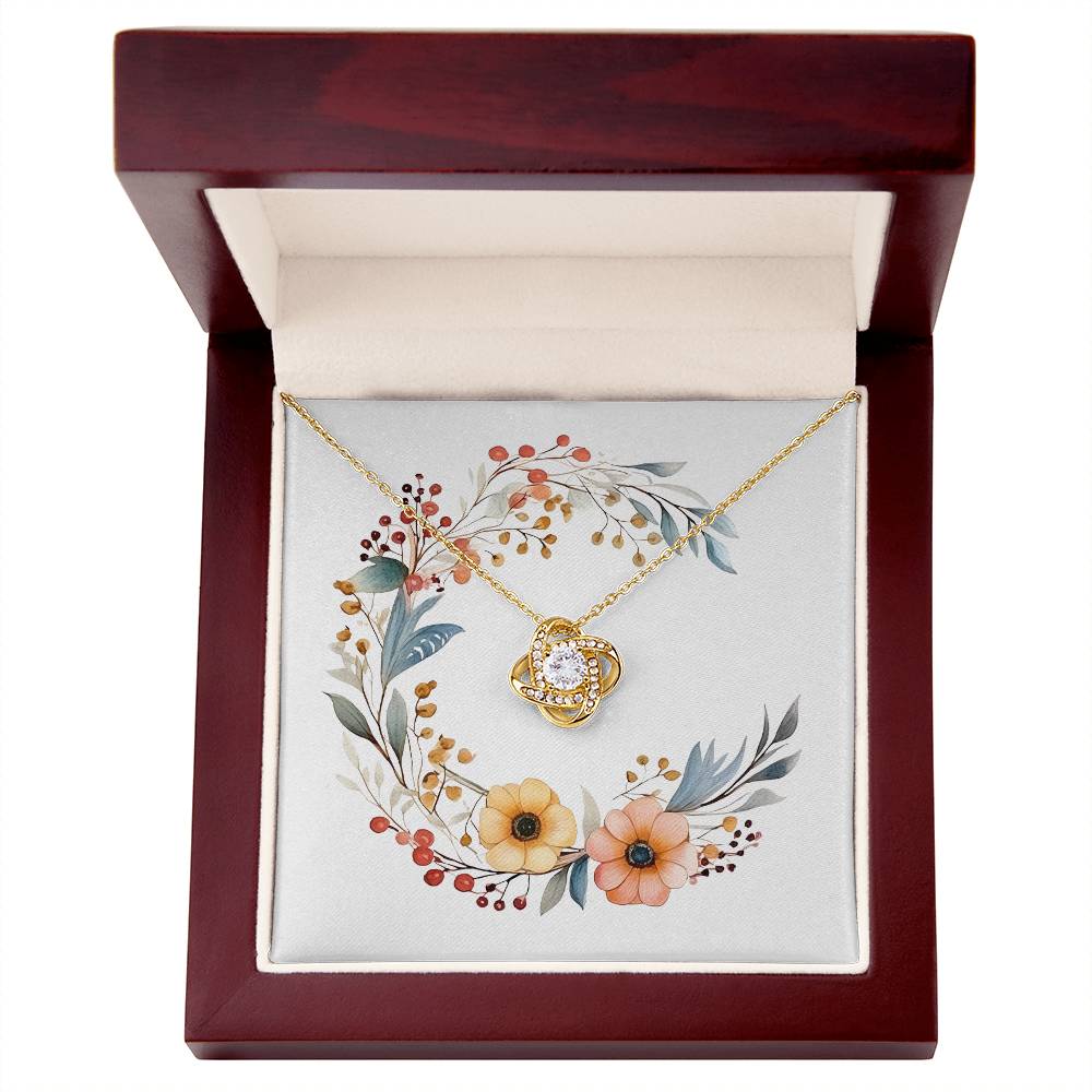 Boho Flowers Wreath Watercolor 04 - 18K Yellow Gold Finish Love Knot Necklace With Mahogany Style Luxury Box