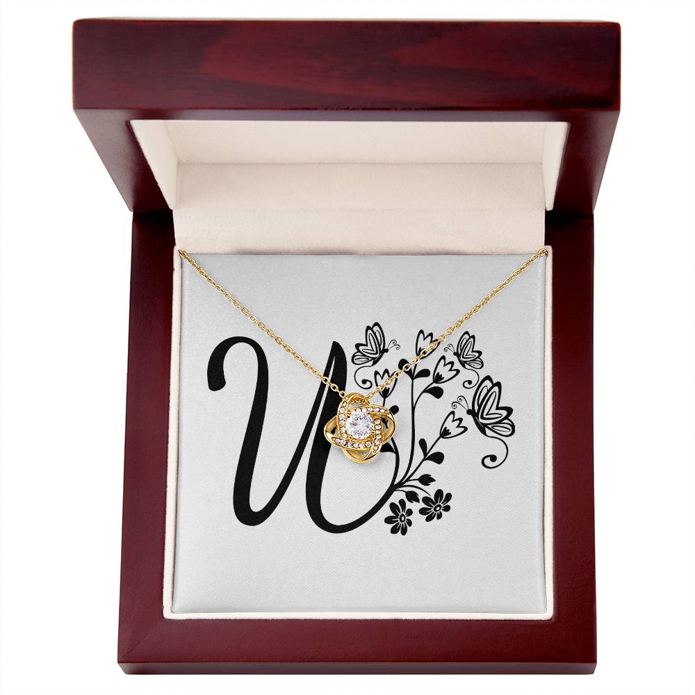 Botanical Monogram U - 18K Yellow Gold Finish Love Knot Necklace With Mahogany Style Luxury Box