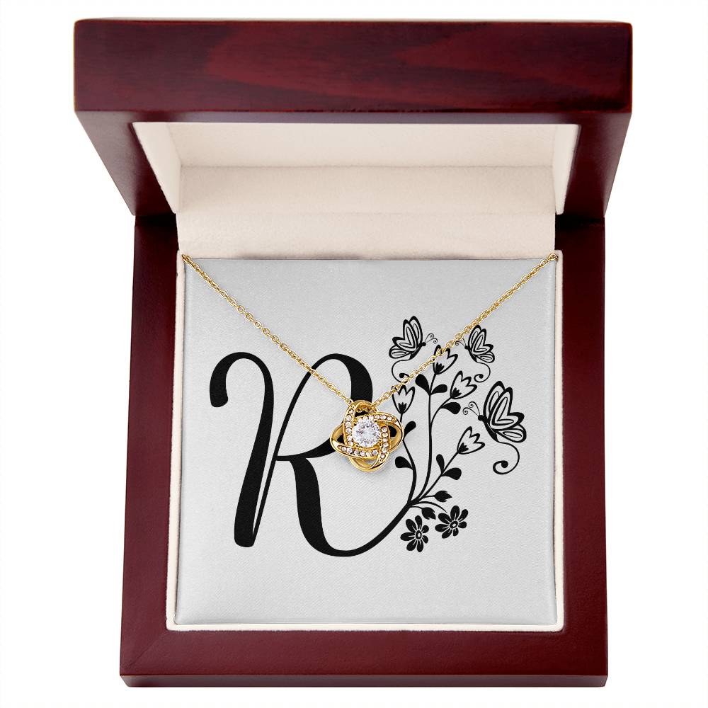 Botanical Monogram R - 18K Yellow Gold Finish Love Knot Necklace With Mahogany Style Luxury Box