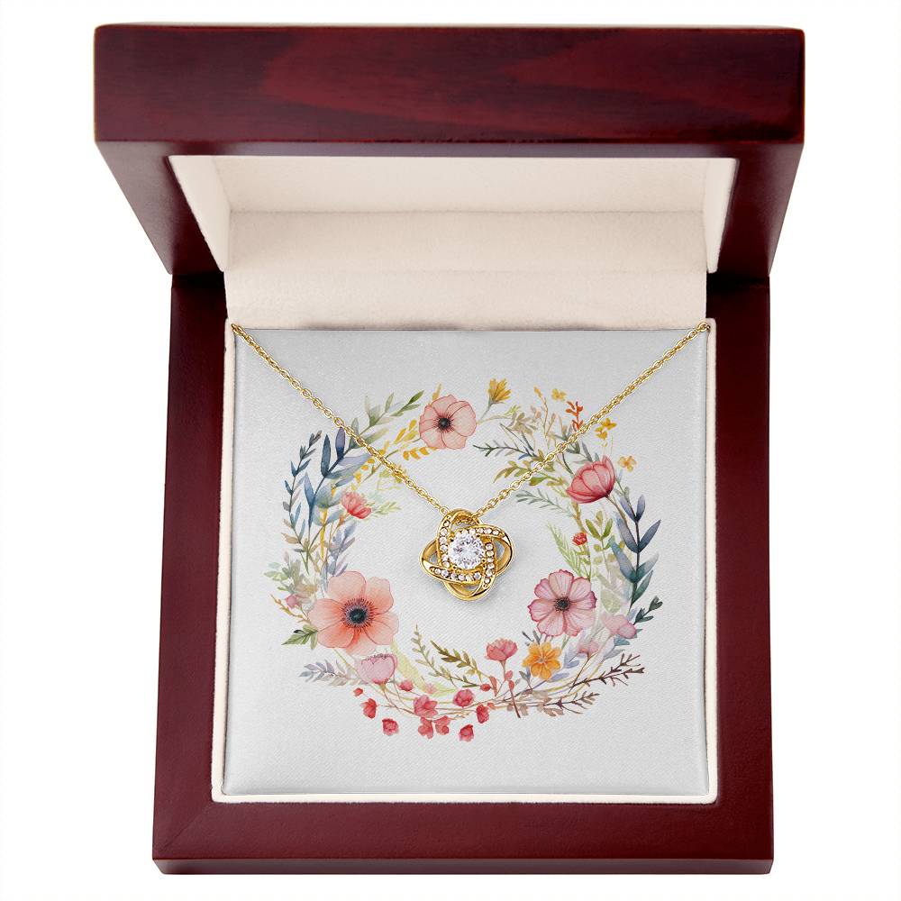 Boho Flowers Wreath Watercolor 01 - 18K Yellow Gold Finish Love Knot Necklace With Mahogany Style Luxury Box