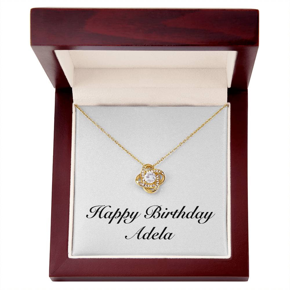 Happy Birthday Adela - 18K Yellow Gold Finish Love Knot Necklace With Mahogany Style Luxury Box
