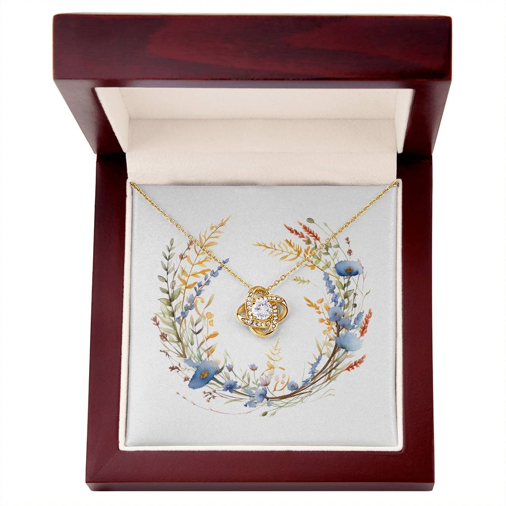 Boho Flowers Wreath Watercolor 03 - 18K Yellow Gold Finish Love Knot Necklace With Mahogany Style Luxury Box
