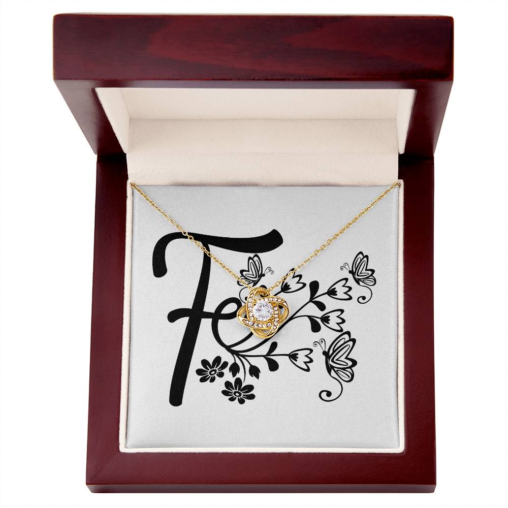 Botanical Monogram F - 18K Yellow Gold Finish Love Knot Necklace With Mahogany Style Luxury Box