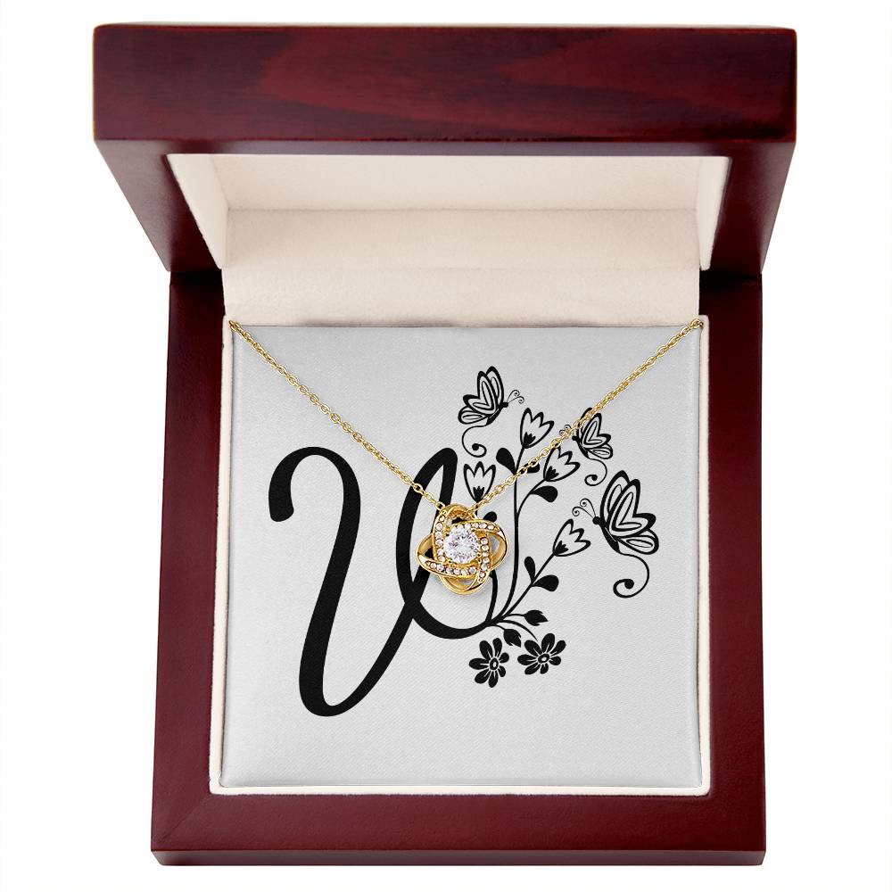 Botanical Monogram V - 18K Yellow Gold Finish Love Knot Necklace With Mahogany Style Luxury Box