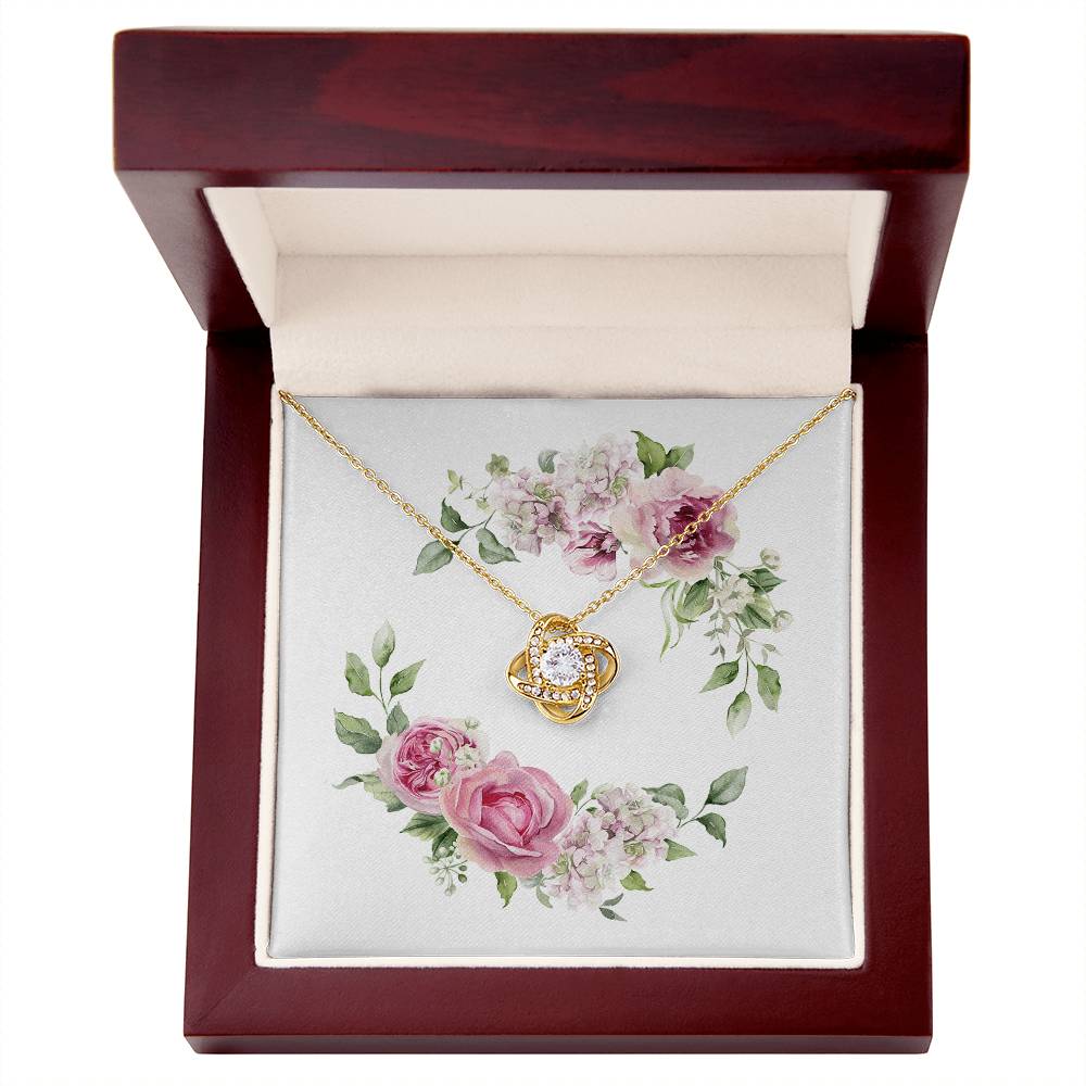 Watercolor Pink Floral Frame 2 - 18K Yellow Gold Finish Love Knot Necklace With Mahogany Style Luxury Box