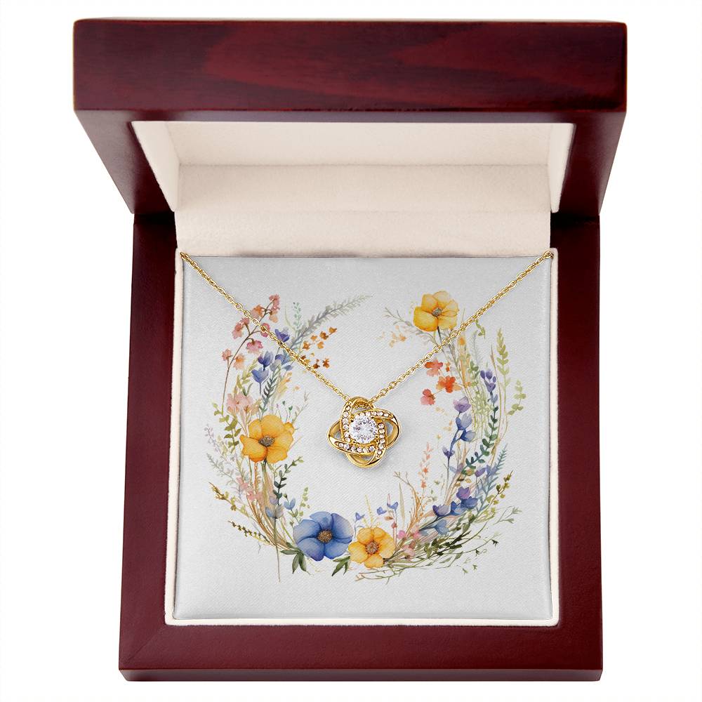 Boho Flowers Wreath Watercolor 12 - 18K Yellow Gold Finish Love Knot Necklace With Mahogany Style Luxury Box