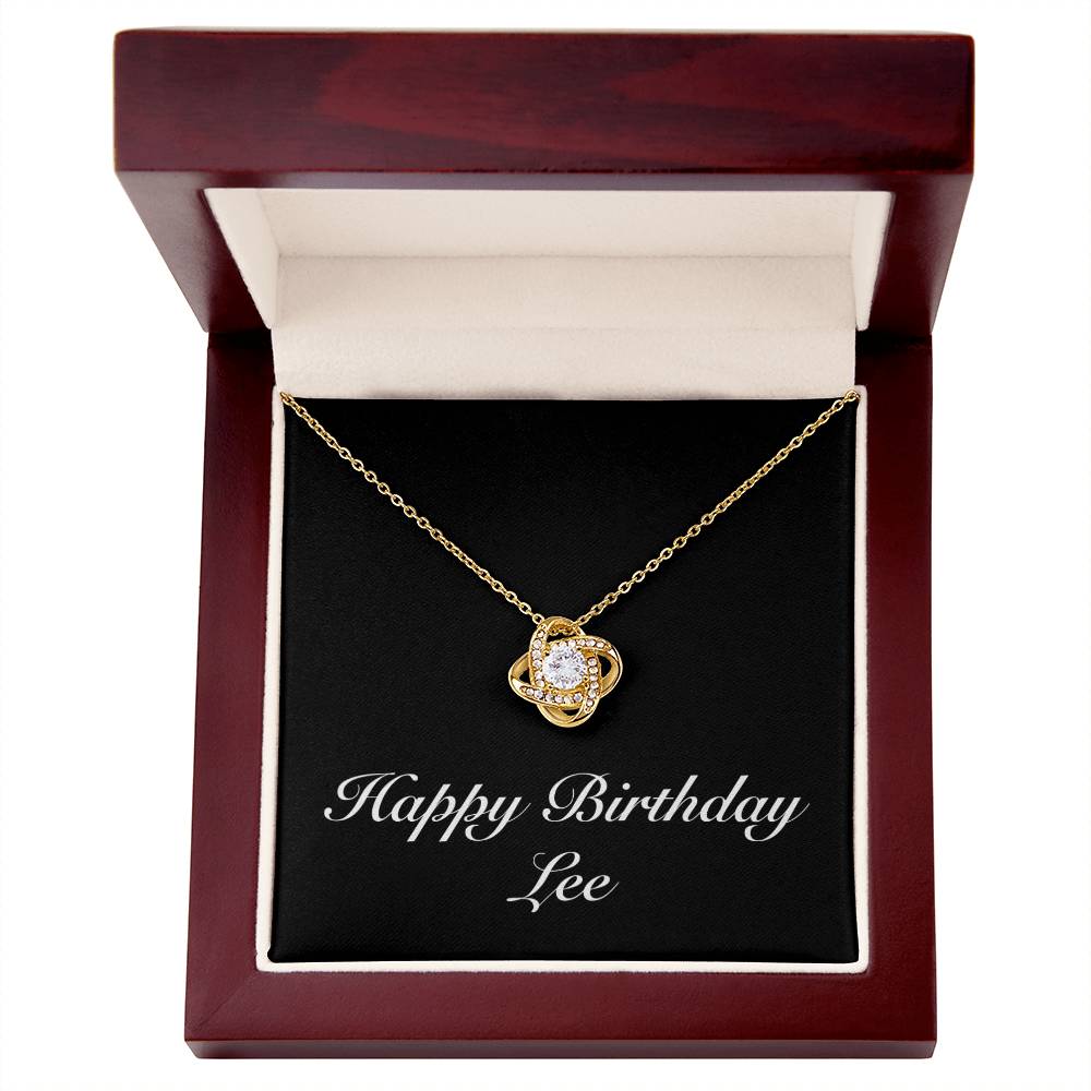 Happy Birthday Lee v2 - 18K Yellow Gold Finish Love Knot Necklace With Mahogany Style Luxury Box