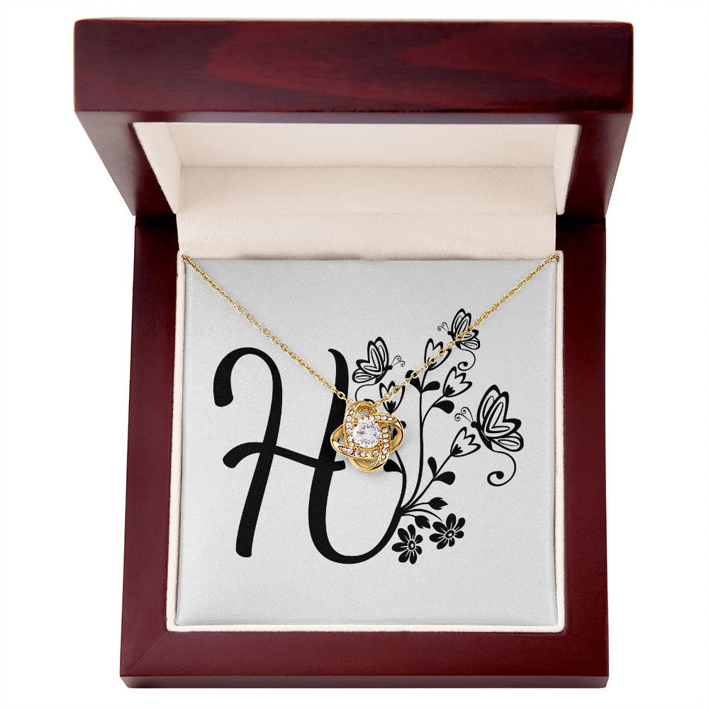 Botanical Monogram H - 18K Yellow Gold Finish Love Knot Necklace With Mahogany Style Luxury Box