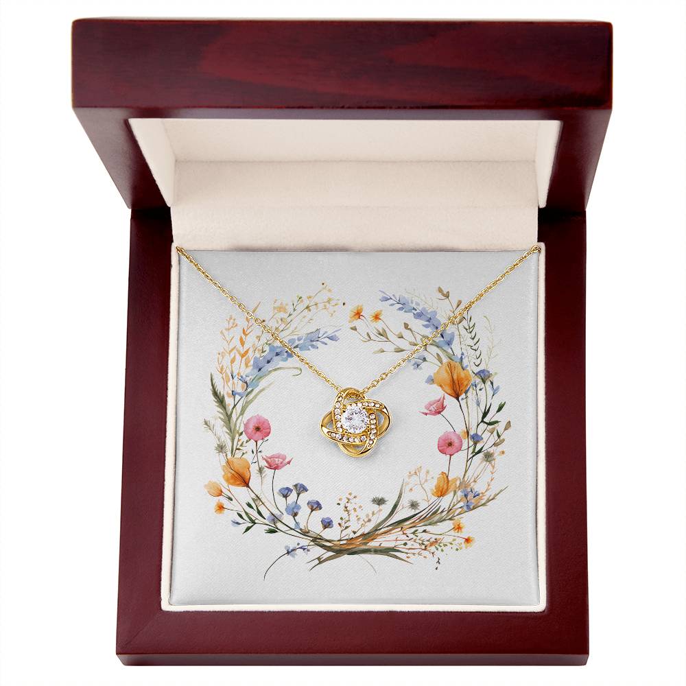 Boho Flowers Wreath Watercolor 15 - 18K Yellow Gold Finish Love Knot Necklace With Mahogany Style Luxury Box