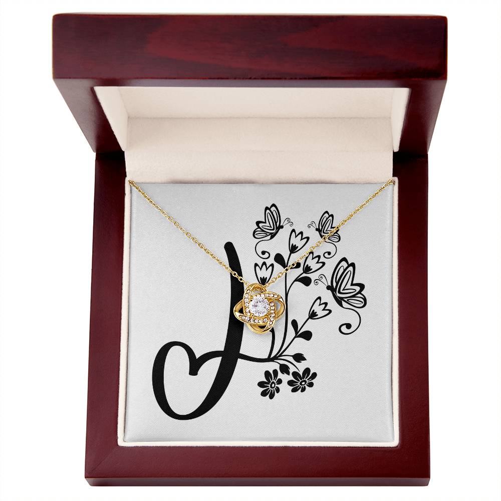 Botanical Monogram J - 18K Yellow Gold Finish Love Knot Necklace With Mahogany Style Luxury Box