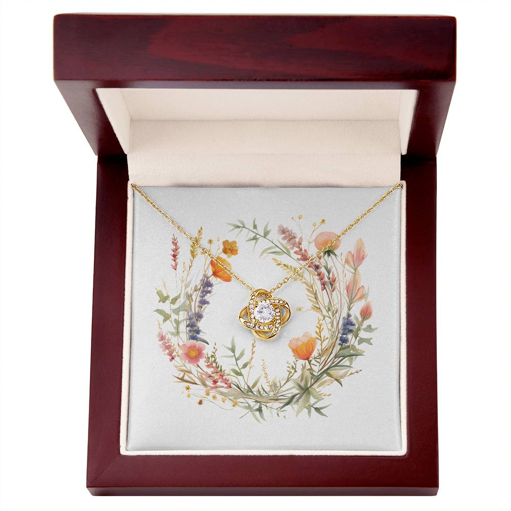 Boho Flowers Wreath Watercolor 09 - 18K Yellow Gold Finish Love Knot Necklace With Mahogany Style Luxury Box