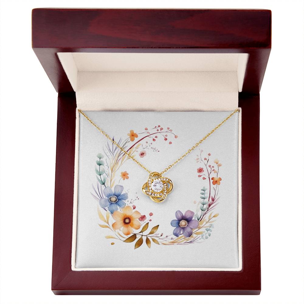 Boho Flowers Wreath Watercolor 11 - 18K Yellow Gold Finish Love Knot Necklace With Mahogany Style Luxury Box