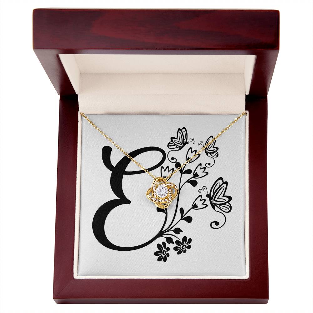 Botanical Monogram E - 18K Yellow Gold Finish Love Knot Necklace With Mahogany Style Luxury Box