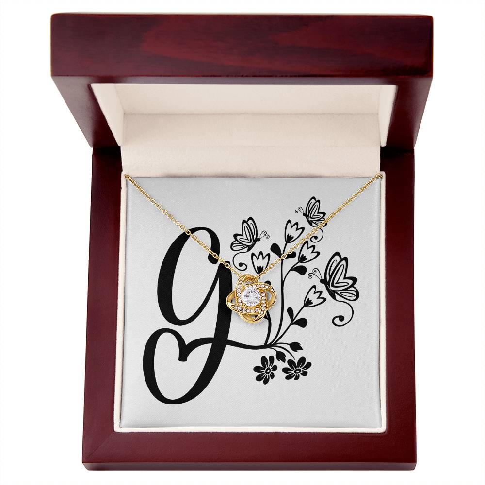 Botanical Monogram G - 18K Yellow Gold Finish Love Knot Necklace With Mahogany Style Luxury Box